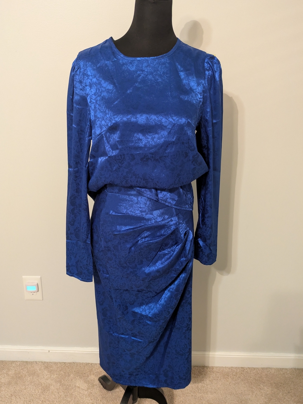 Shein Royal Blue Women's Satin Jacquard Skirt And Blouse Set Size S 80s Retro